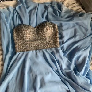 Strapless, blue, beaded, floor length gown